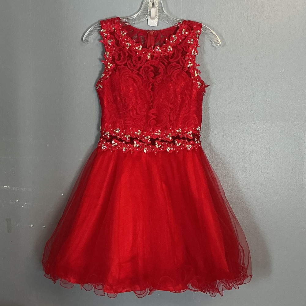 Elizabeth K Red Lace & Tulle Cocktail Dress Prom Homecoming Dress Sz S